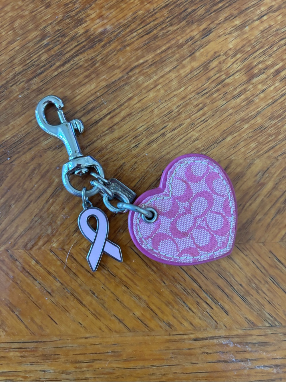 Coach Pink Heart Monogram Keychain Charm with Breast Cancer Ribbon Accent - Picture 3 of 4